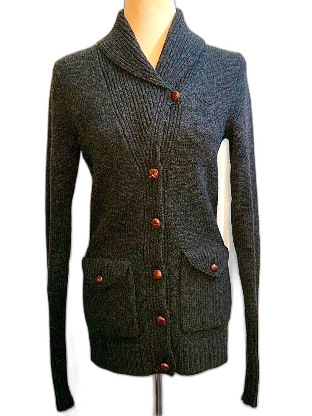 Rugby Ralph Lauren Wool Shawl Collar Cardigan Suede Patches Leather Buttons S - Picture 4 of 8